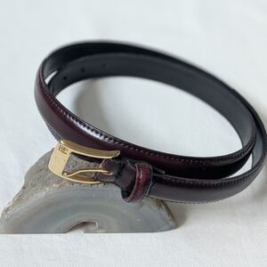 Vintage Pierre Cardin Dark Reddish Brown Narrow Leather Belt with Gold Buckle